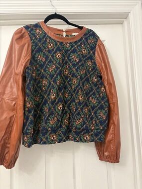 Womens Mixed-Media Floral and leather sweater in Navy and Cognac